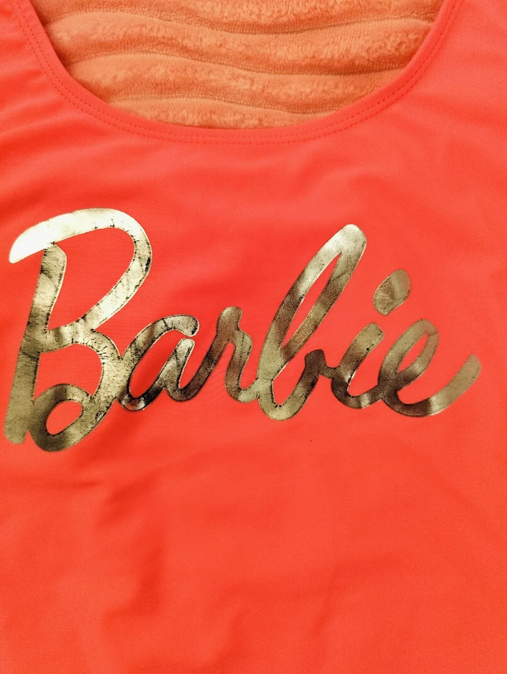 Barbie Coral Pink One-Piece Swimsuit with Metallic Logo - 10/12 Girl (XS Women)